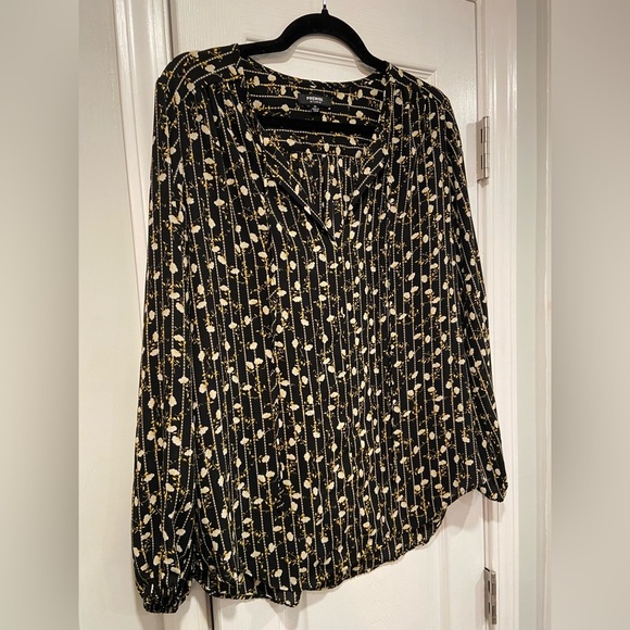 Premise Studio Black Yellow Floral Striped V Neck Tie Long Sleeve Blouse Size M - Picture 3 of 11